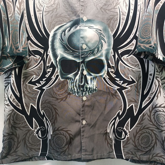 Vtg 90s Steve & Barry's Motorcycle Club Chopper Button Up All Over Print XL Y2K - Picture 2 of 5